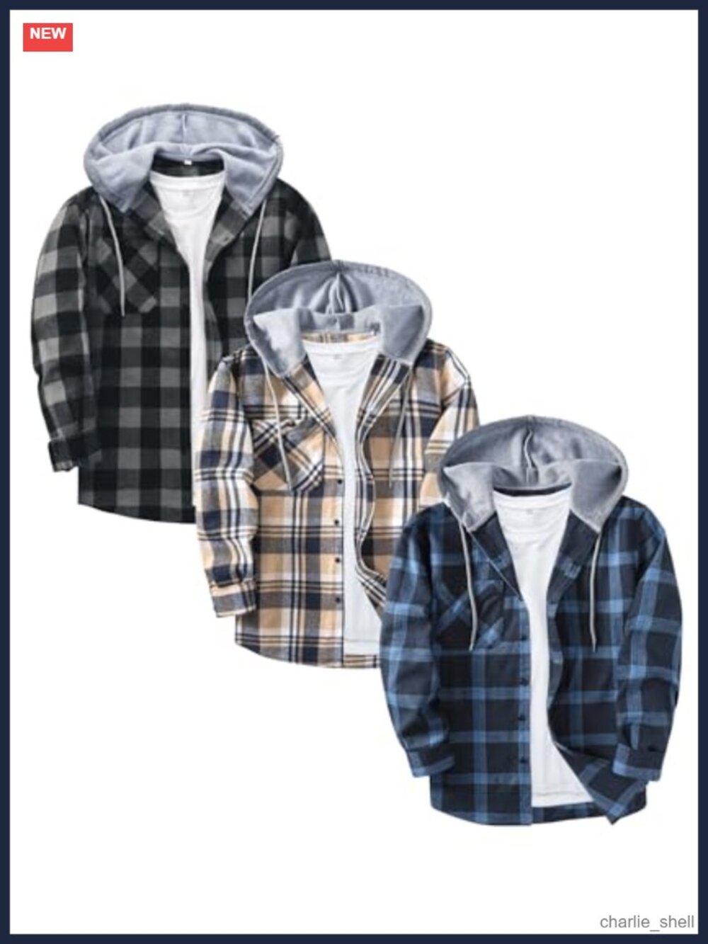 3 Pack Men's Flannel Hoodie Shirts Long Sleeve Button Down Plaid Shirt